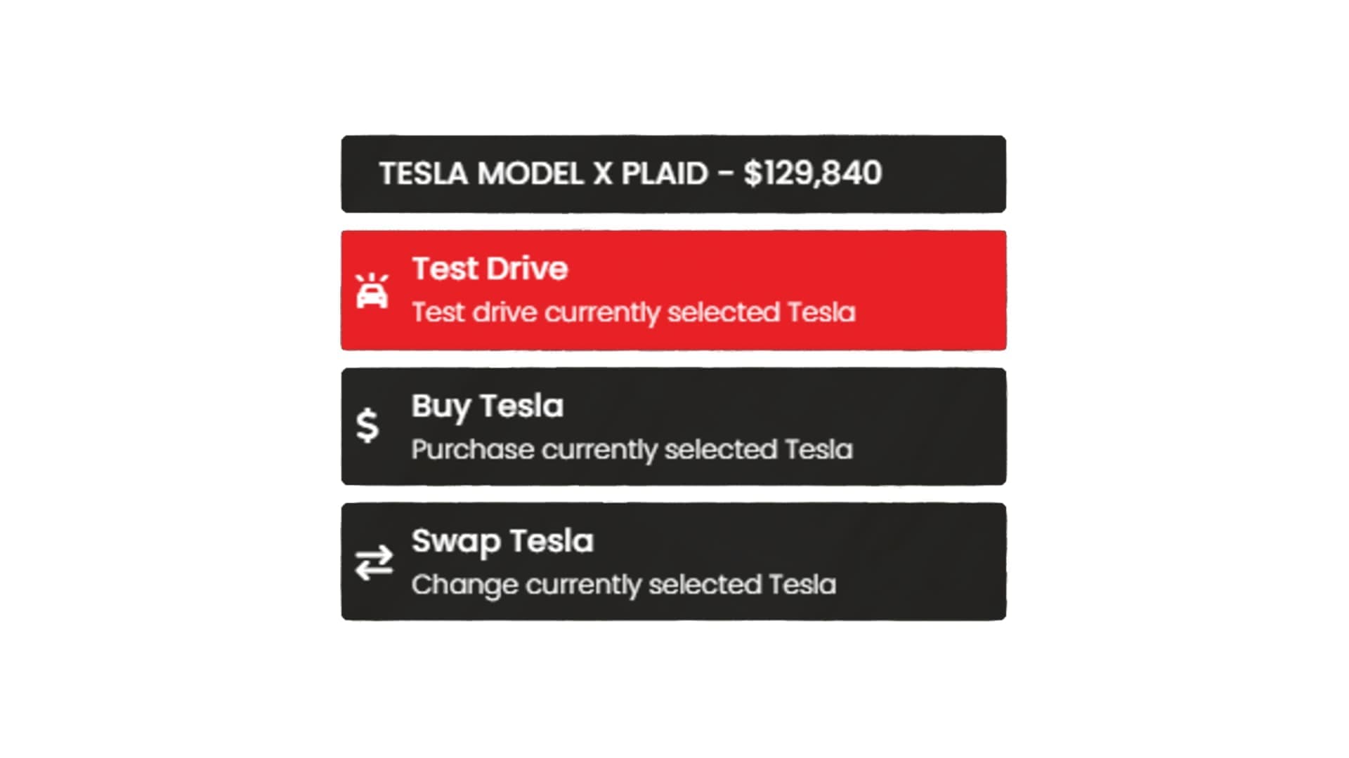 Vehicle test drive menu